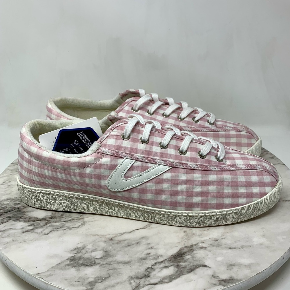 Tretorn Nylite Plus Lace Up Pink Gingham Sneakers 11 Retro Classic Preppy Casual - Picture 2 of 15